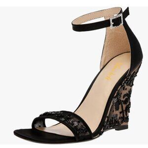 Miss left Black Wedge Heel Sandal Ankle Strap Embroidery Lace Open Toe Pumps
